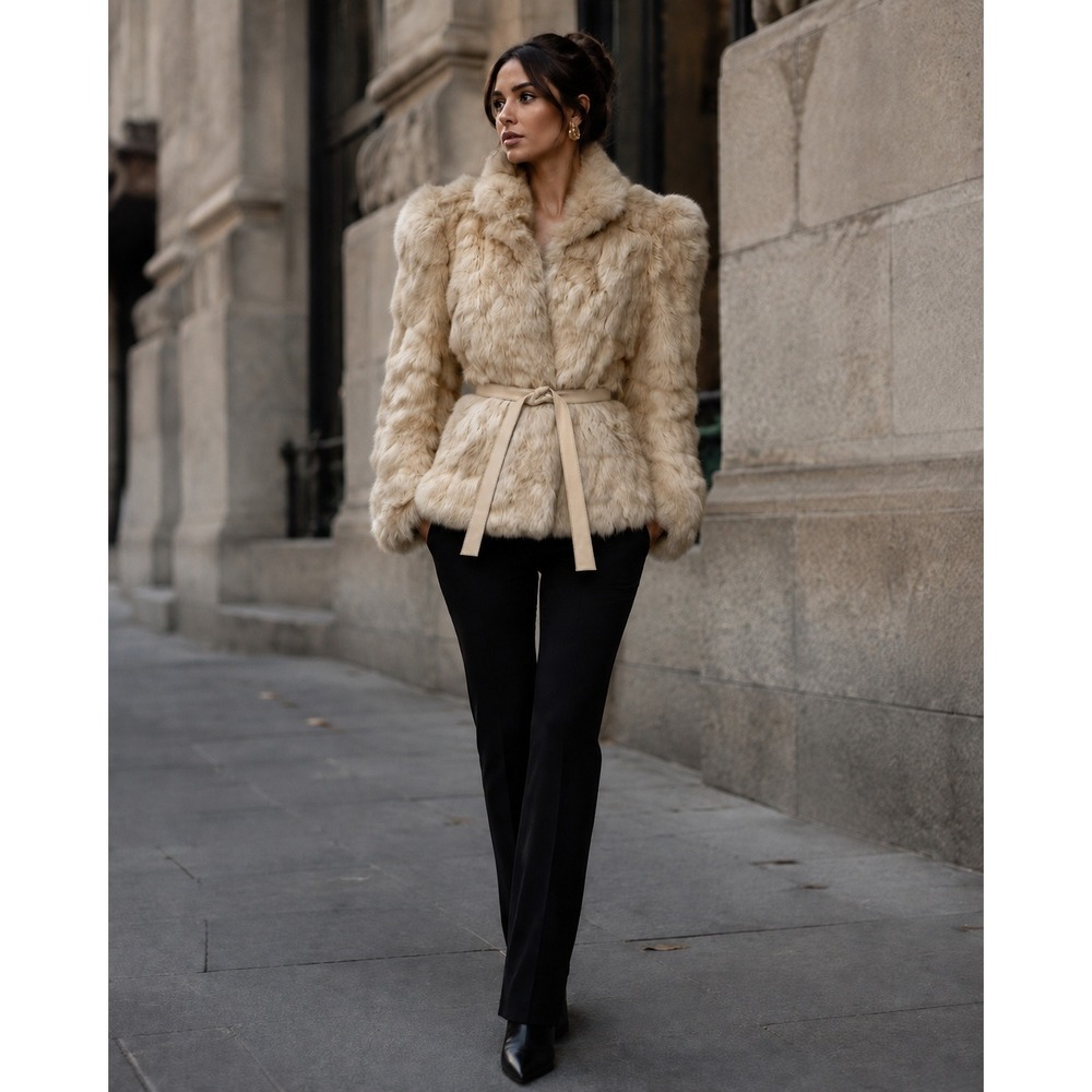 Vintage Wilsons Cream Rabbit Fur Jacket Leather Belt Size M 1980s Glam‎